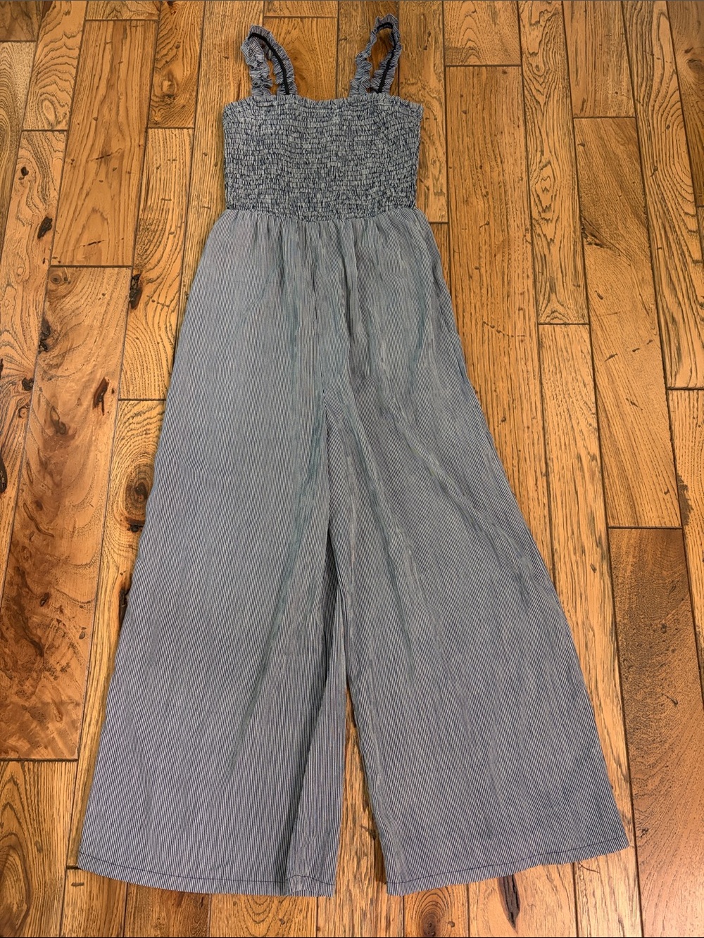 Hem & Thread Light Blue Smocked Wide-Leg Jumpsuit with Ruffled Straps